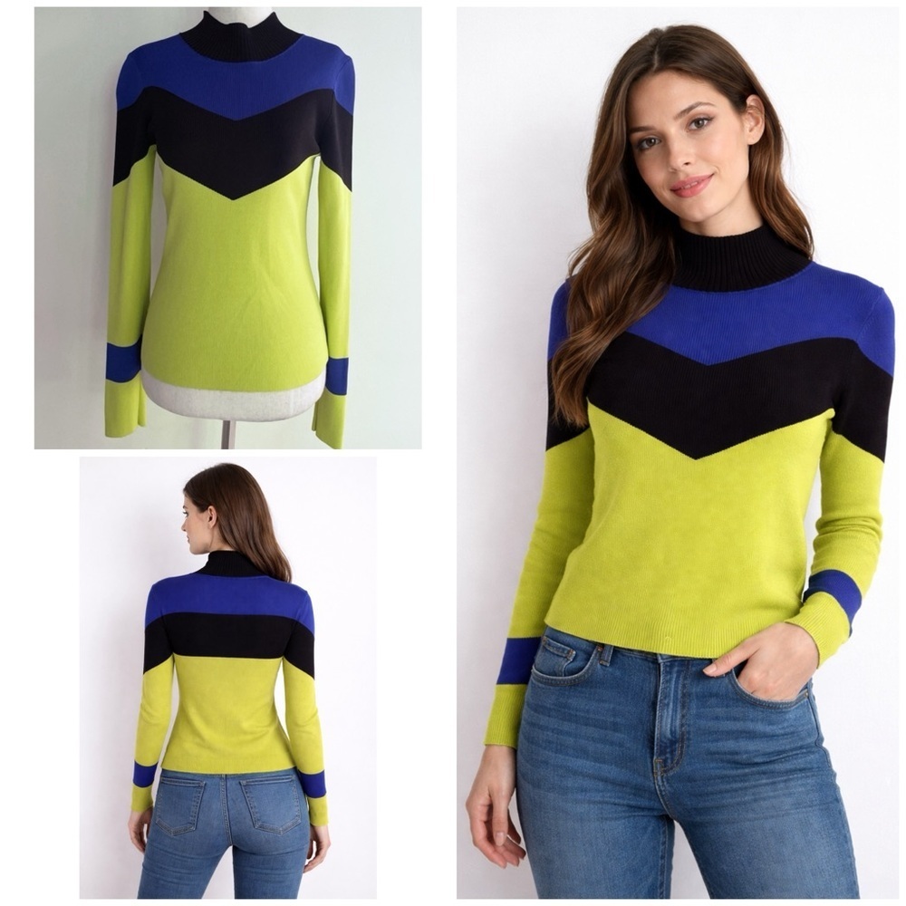 EUC Karen Millen Colorblock Neon Lime Green Blue Black Mockneck Jumper Sweater M